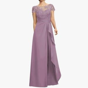 Beaded Sequin Short Sleeve Lace Appliqué Ruched Gown